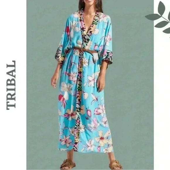 Tribal XIX Palms Duster Honolulu Size S/M Turquoise Floral Print - Picture 2 of 3